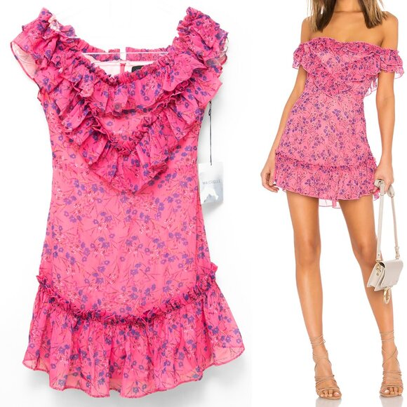 Majorelle Grace Mini Dress Floral Off The Shoulder Chiffon Pink Purple XS New - Picture 1 of 7